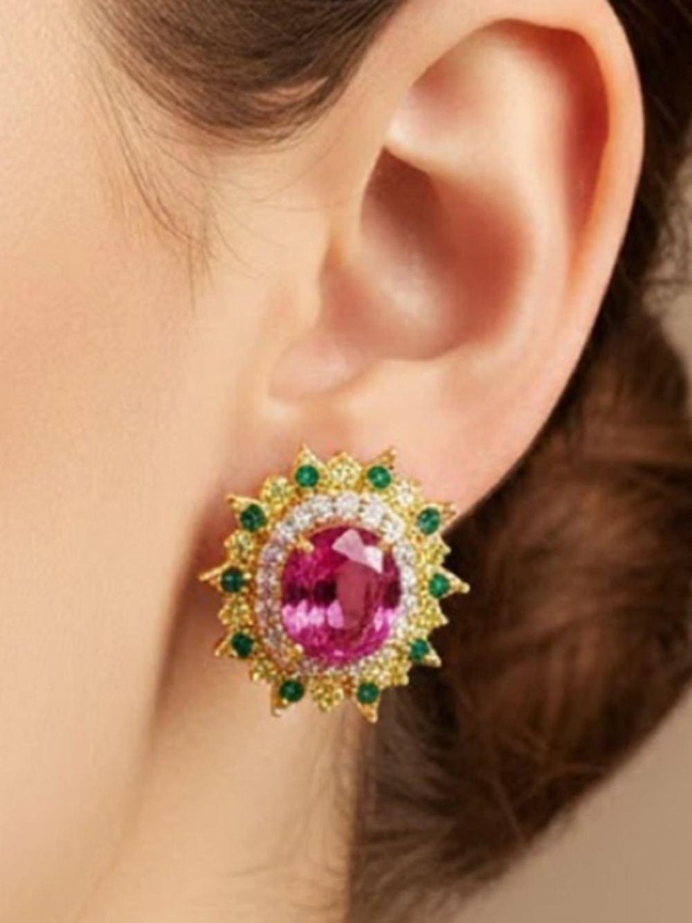 Padparadscha Sapphire 24k / 925 Tsavorite green & pink white Sapphire Earrings